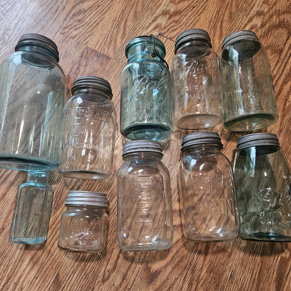 Vintage BALL Mason Jars Blue Aqua Clear Glass Canning Jars Wire Lids Lot
